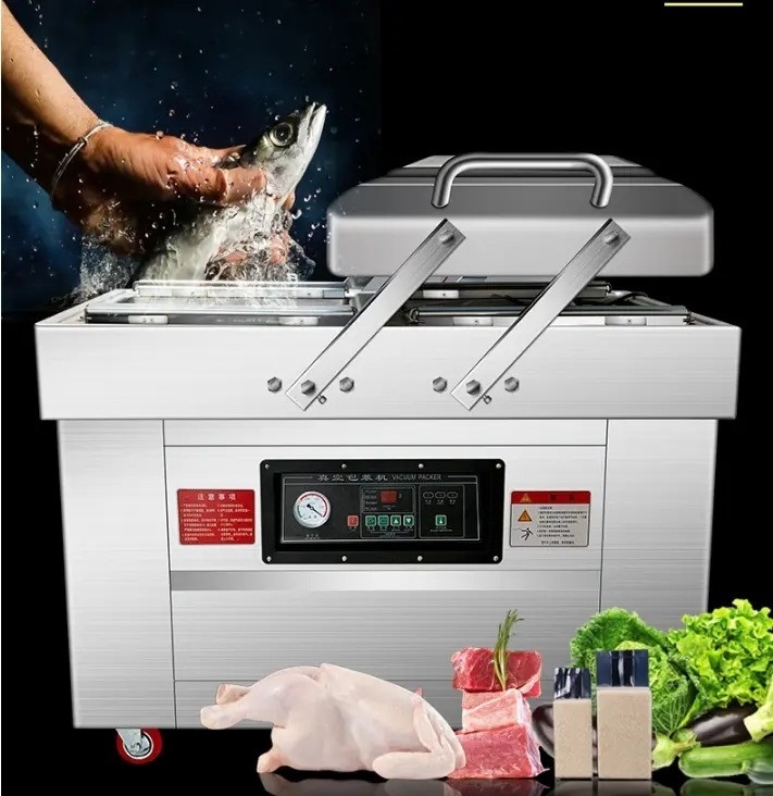 Fecho de embalagem a vácuo eléctrico de câmara dupla para bife de peixe 10 mm Largura de vedação