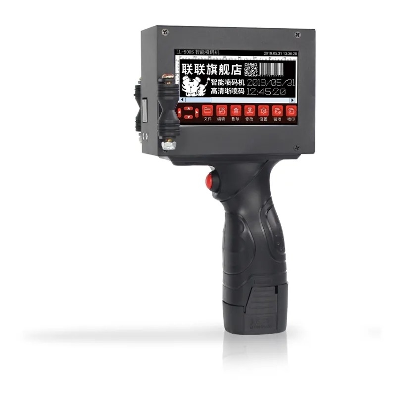 Impressão de data feita com impressoras portáteis de jato de tinta semiautomáticas e software Photoshop